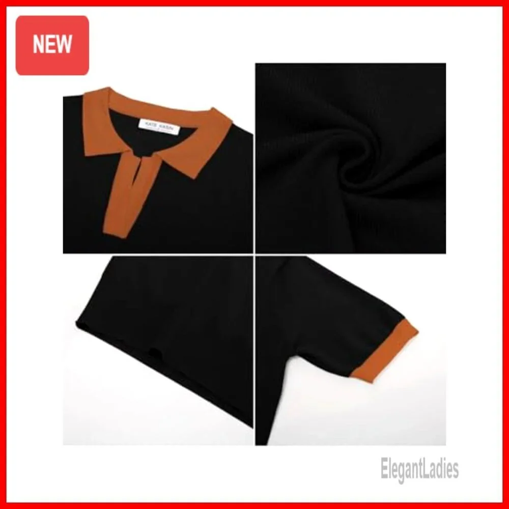Short Sleeve V-Neck Polo Sweater, Ribbed Knit Pullover, Casual Loose Fit
